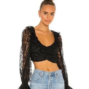For Love And Lemons Black Puff Sleeve Crop Top